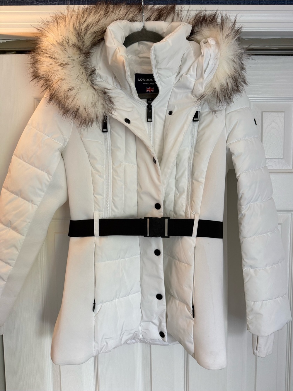 London Fog White Quilted Belted Parka with Faux Fur Hood